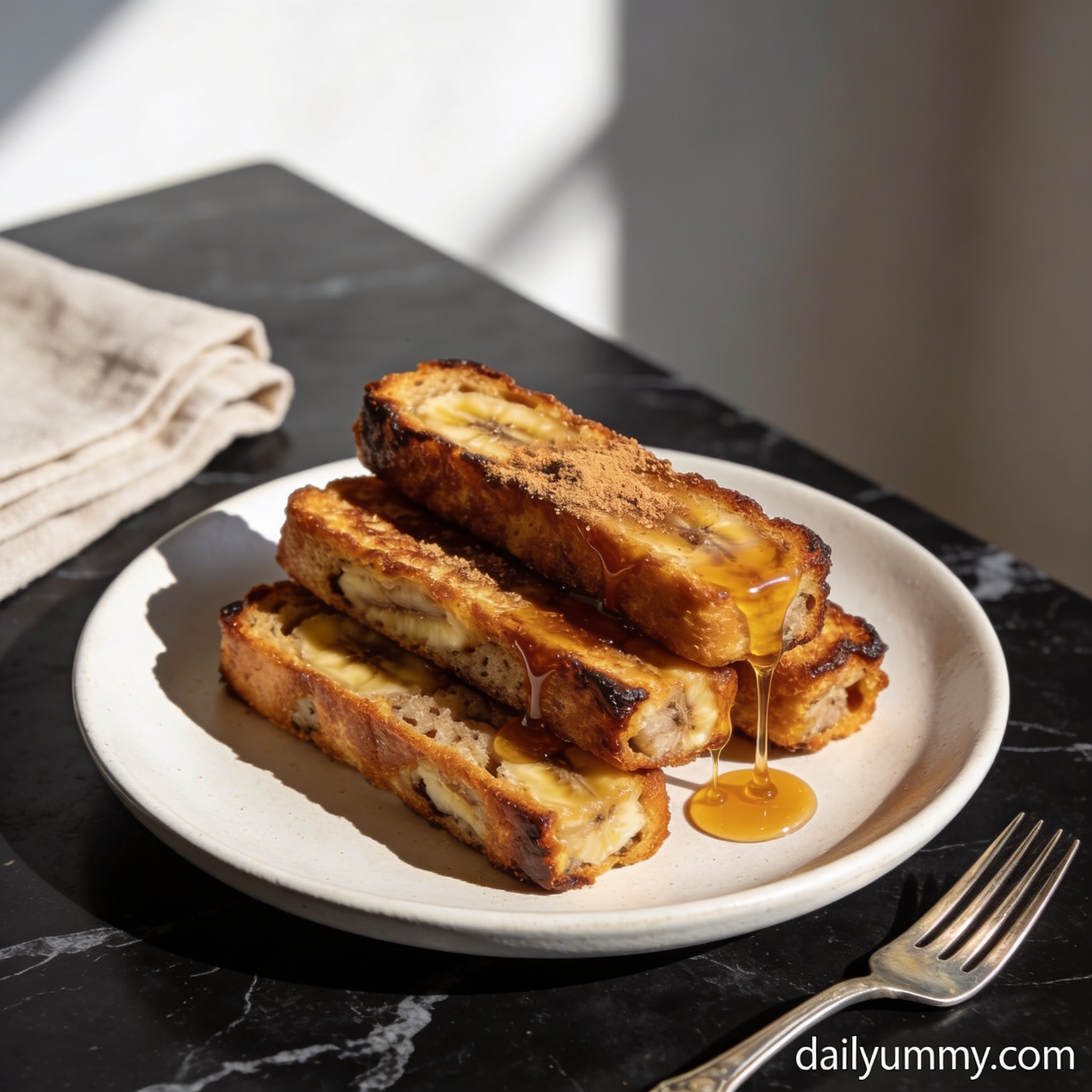 Beautifully plated air fryer banana bread french toast with honey drizzle on black marble countertop