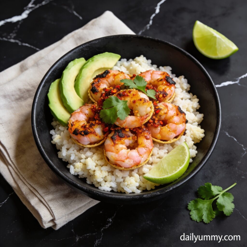 Spicy air fryer shrimp taco bites with cauliflower rice hero shot — beautifully plated in black bowl on marble countertop