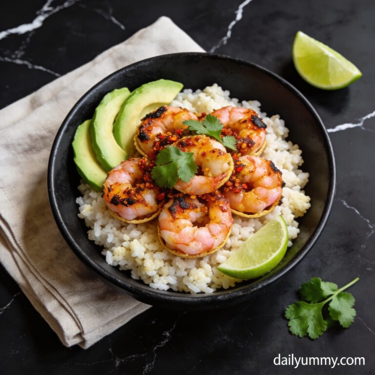 Spicy air fryer shrimp taco bites with cauliflower rice hero shot — beautifully plated in black bowl on marble countertop