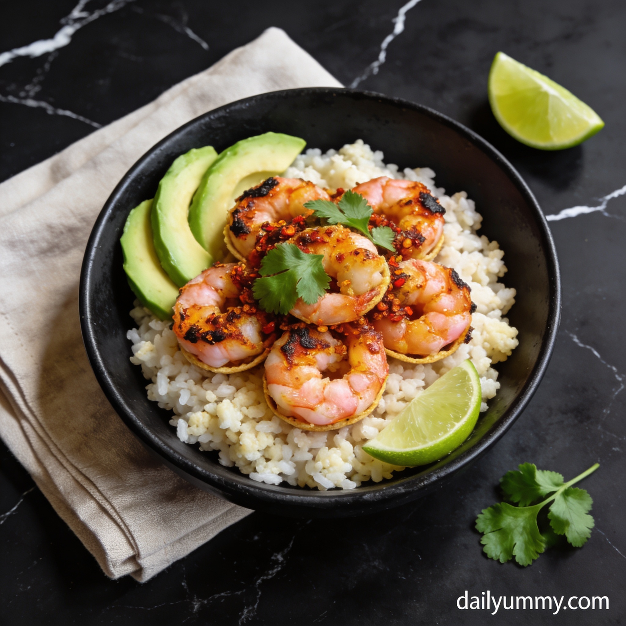 Spicy air fryer shrimp taco bites with cauliflower rice hero shot — beautifully plated in black bowl on marble countertop