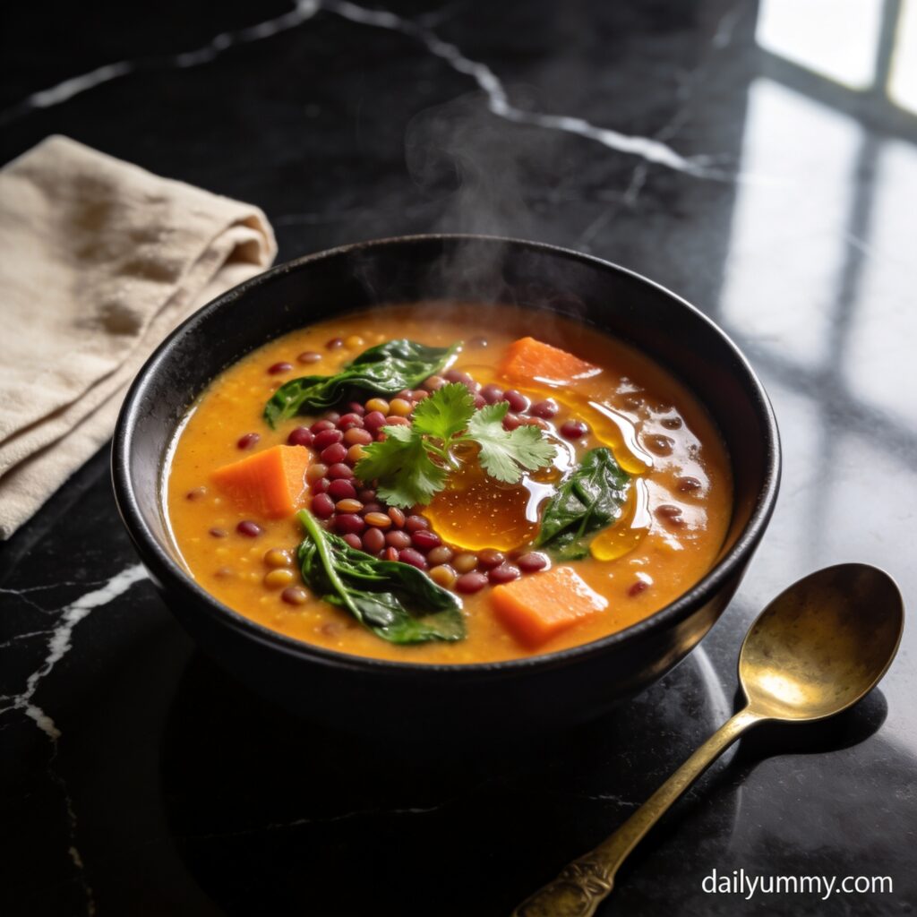Golden high protein lentil curry soup with honey in black bowl on marble countertop hero shot