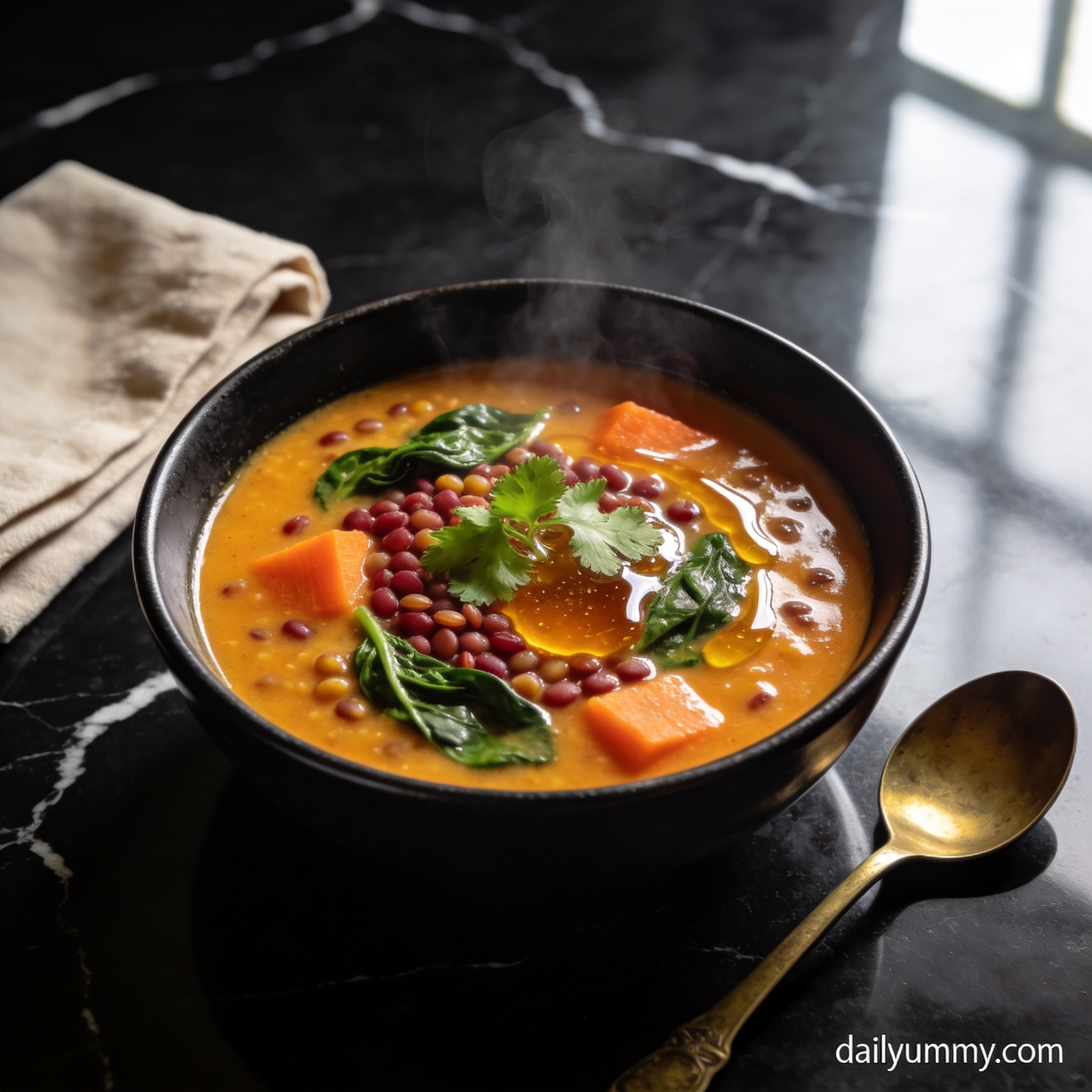 Golden high protein lentil curry soup with honey in black bowl on marble countertop hero shot