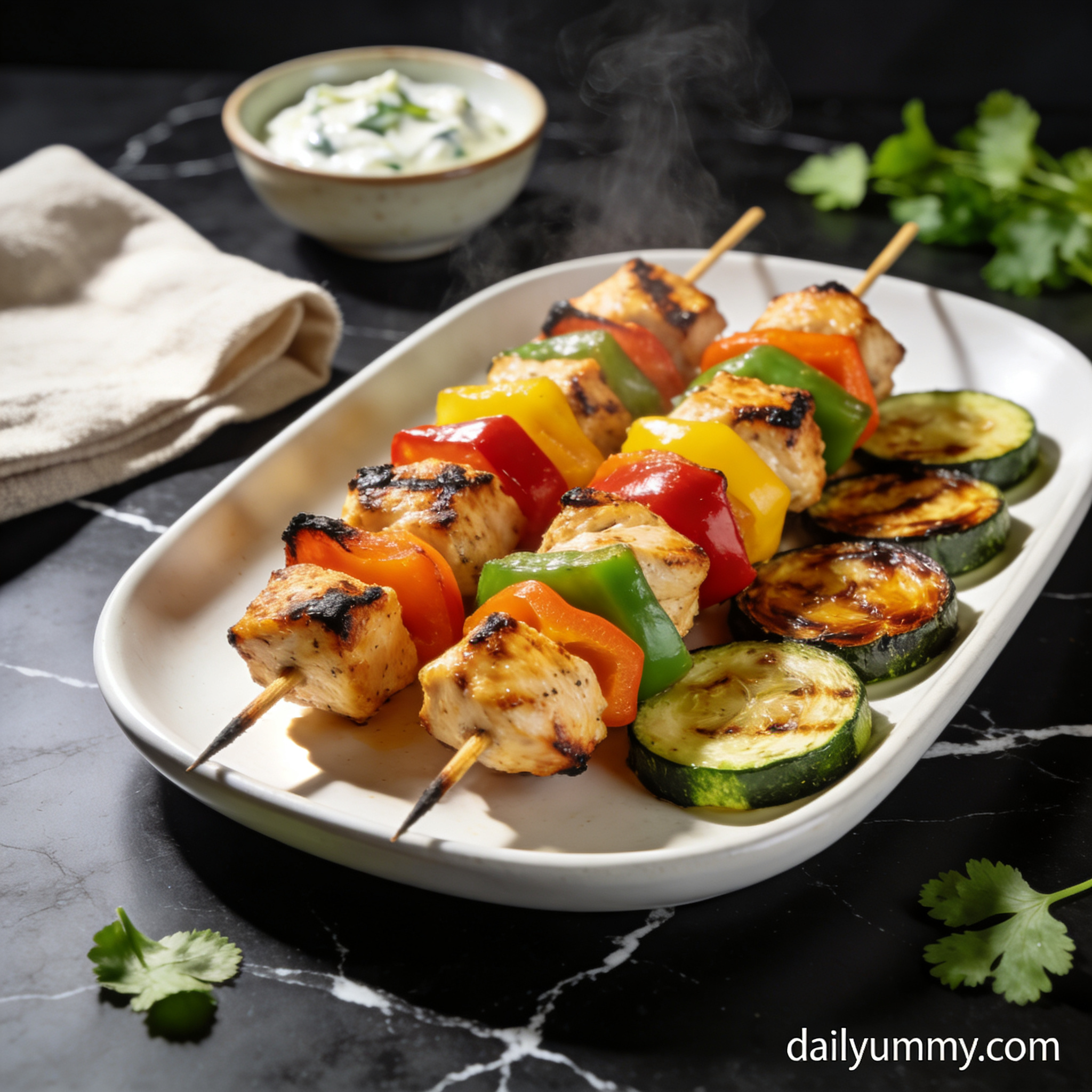 Beautifully plated air fryer rainbow chicken shawarma kebabs with zucchini on white platter, black marble background, golden charred edges on chicken and vegetables