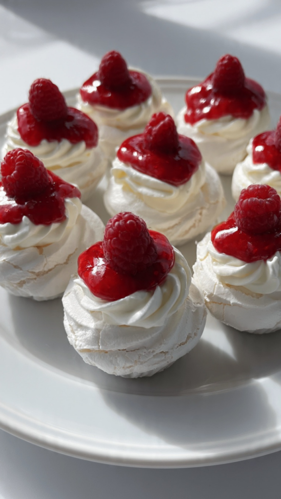 Pavlova Cupcakes With Raspberry Sauce