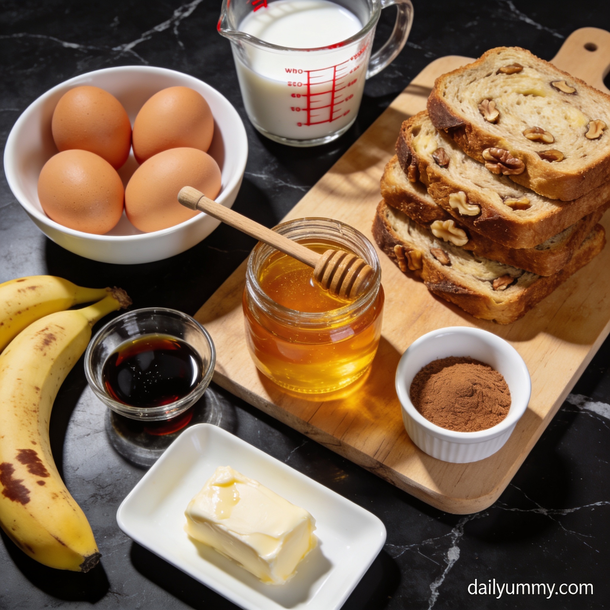 Top-down view of ingredients for air fryer banana bread french toast including day-old banana bread slices, eggs, milk, vanilla, cinnamon, and honey arranged on black marble