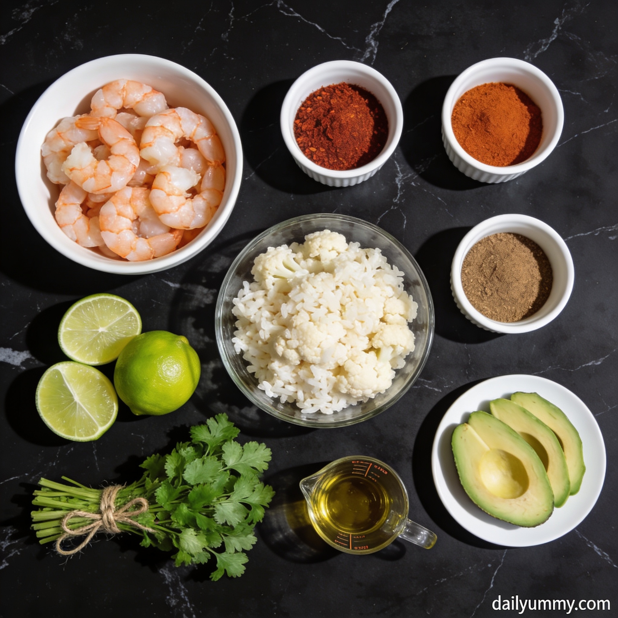 All raw ingredients for spicy air fryer shrimp taco bites with cauliflower rice arranged in proper containers on black marble countertop