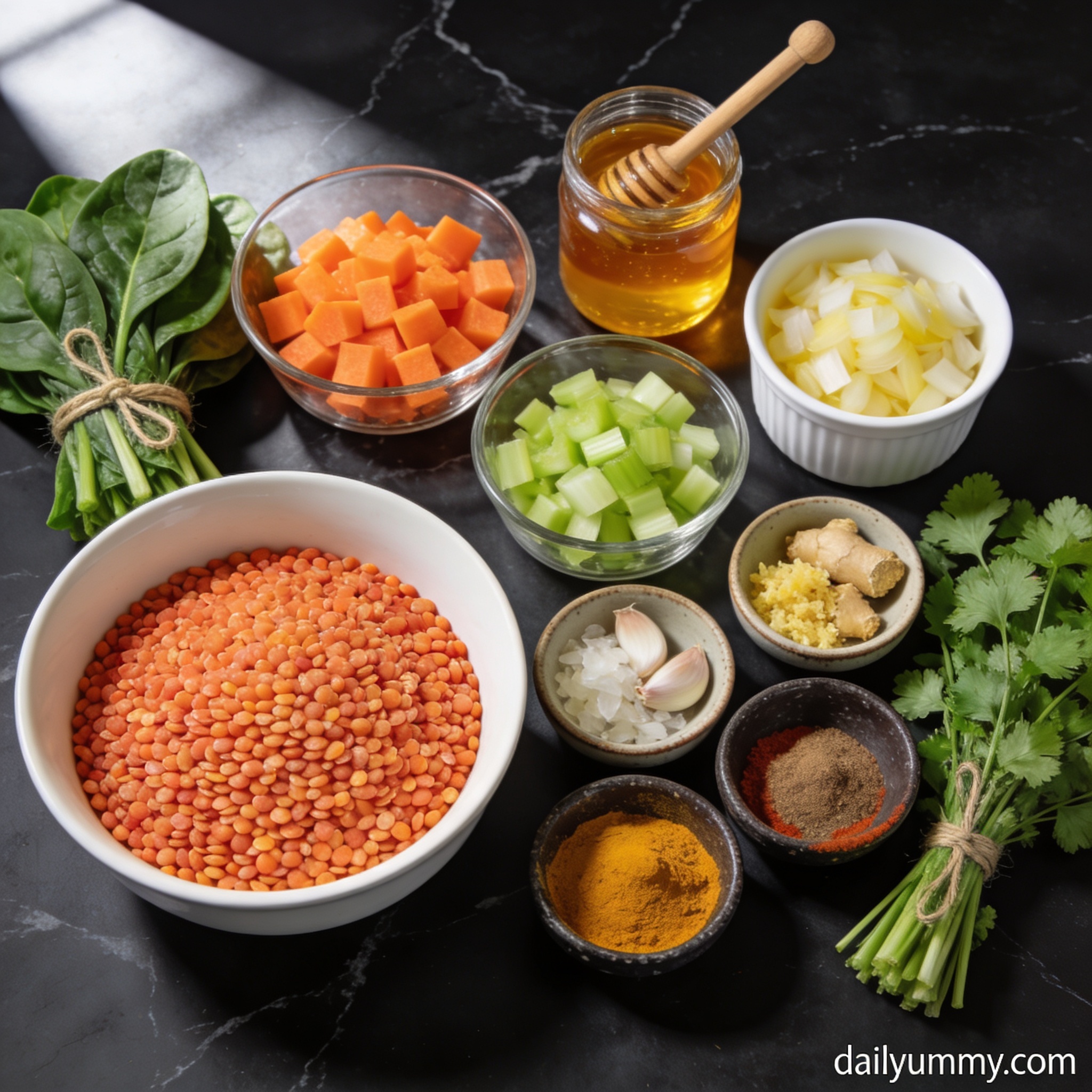 Raw ingredients for high protein lentil curry soup with honey arranged in proper containers on black marble