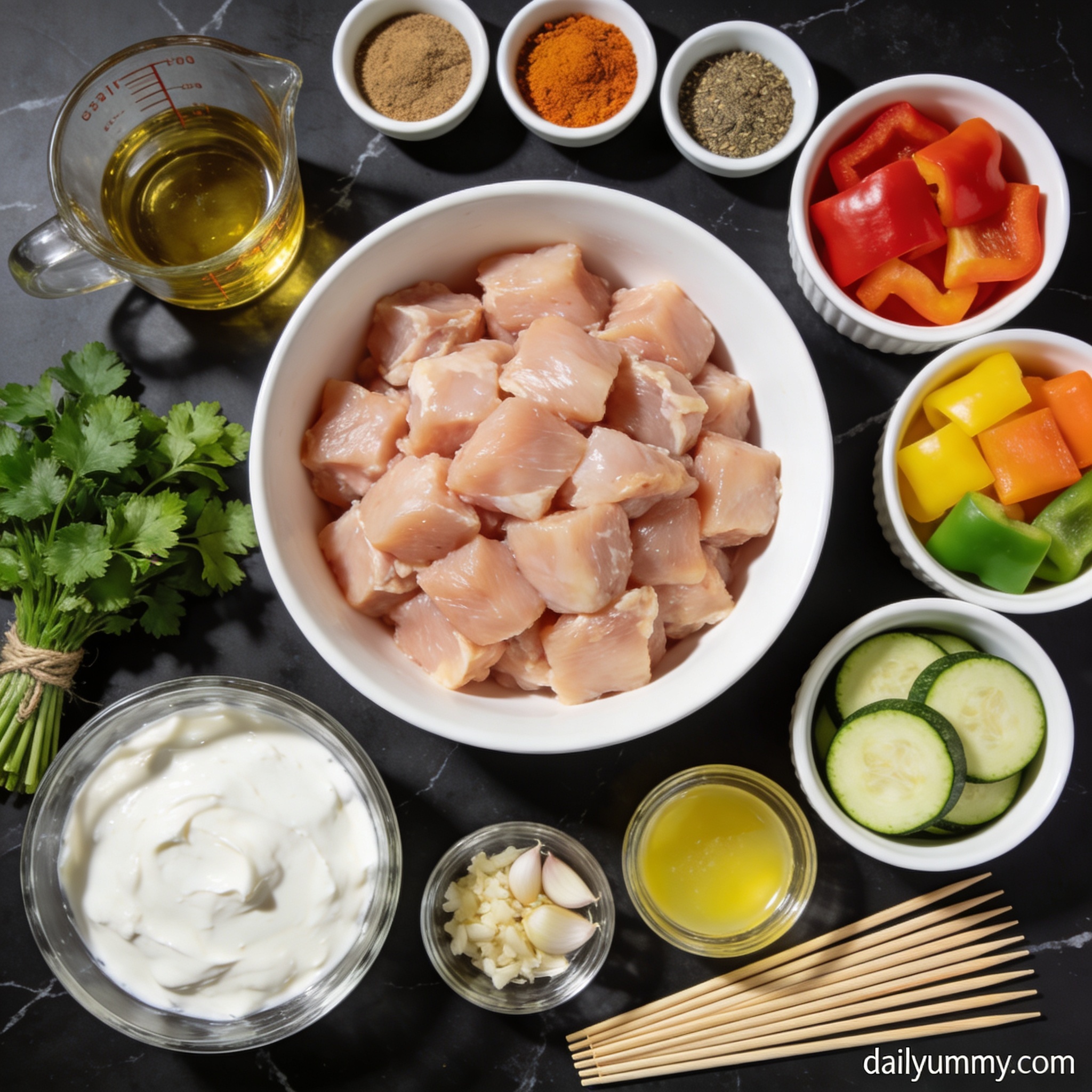 Raw ingredients for air fryer rainbow chicken shawarma kebabs with zucchini arranged in proper containers on black marble—chicken, yogurt, rainbow peppers, zucchini, spices, herbs