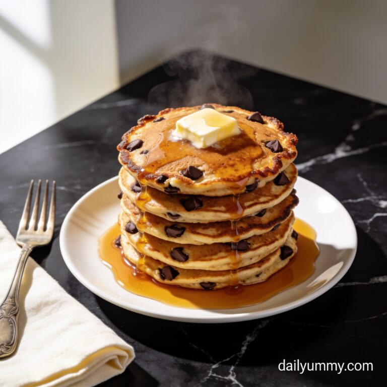Gluten free banana pancakes hero shot with chocolate chips, butter, and syrup on black marble countertop