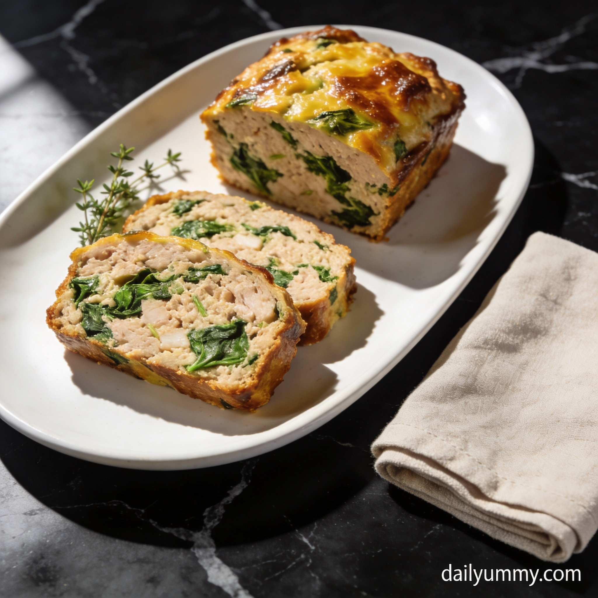 Sliced air fryer chicken meatloaf with spinach on white plate over black marble, showing caramelized exterior and moist interior with spinach flecks