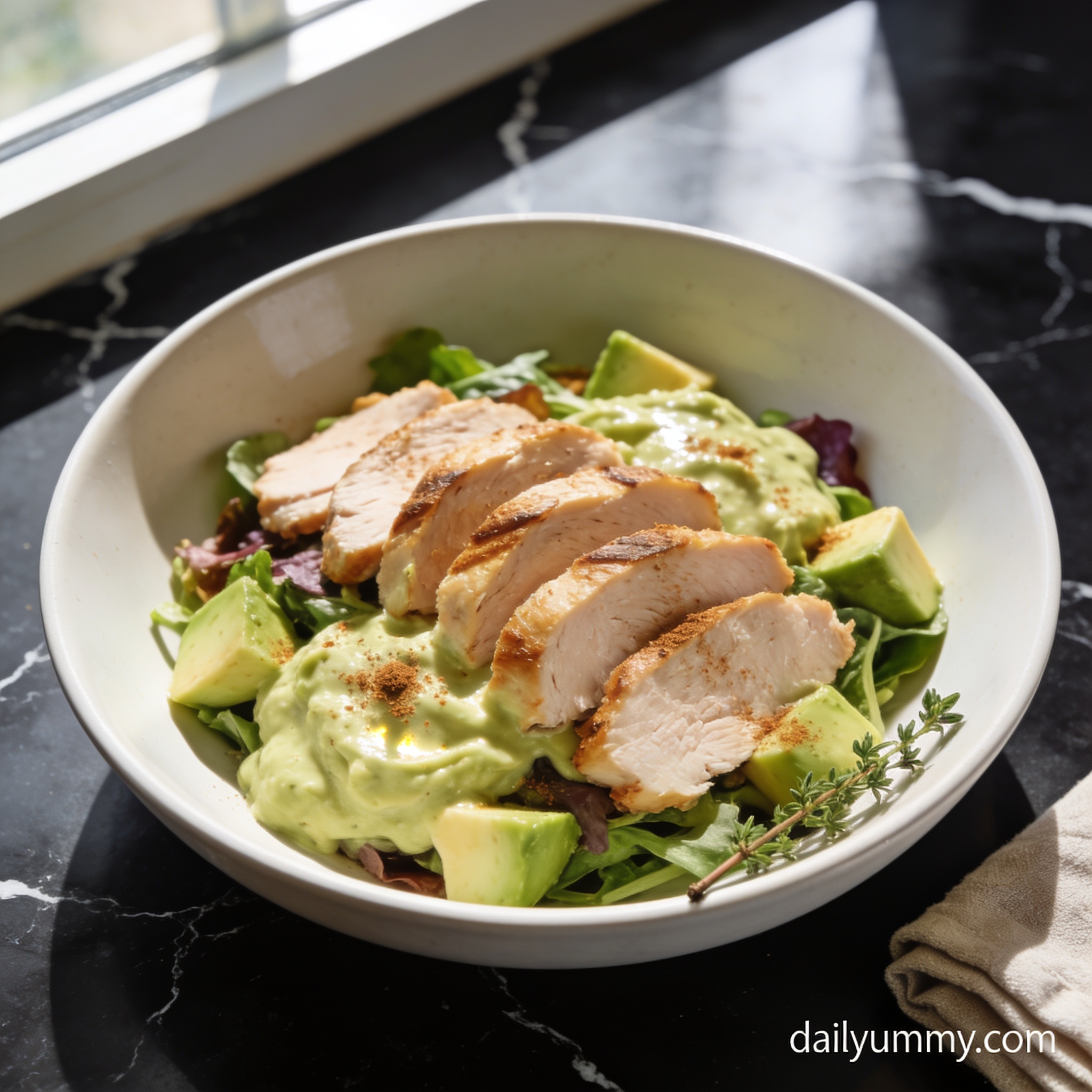 high protein turkey and avocado salad with cinnamon hero shot — beautifully plated general recipe on black marble countertop with cinnamon dusting visible
