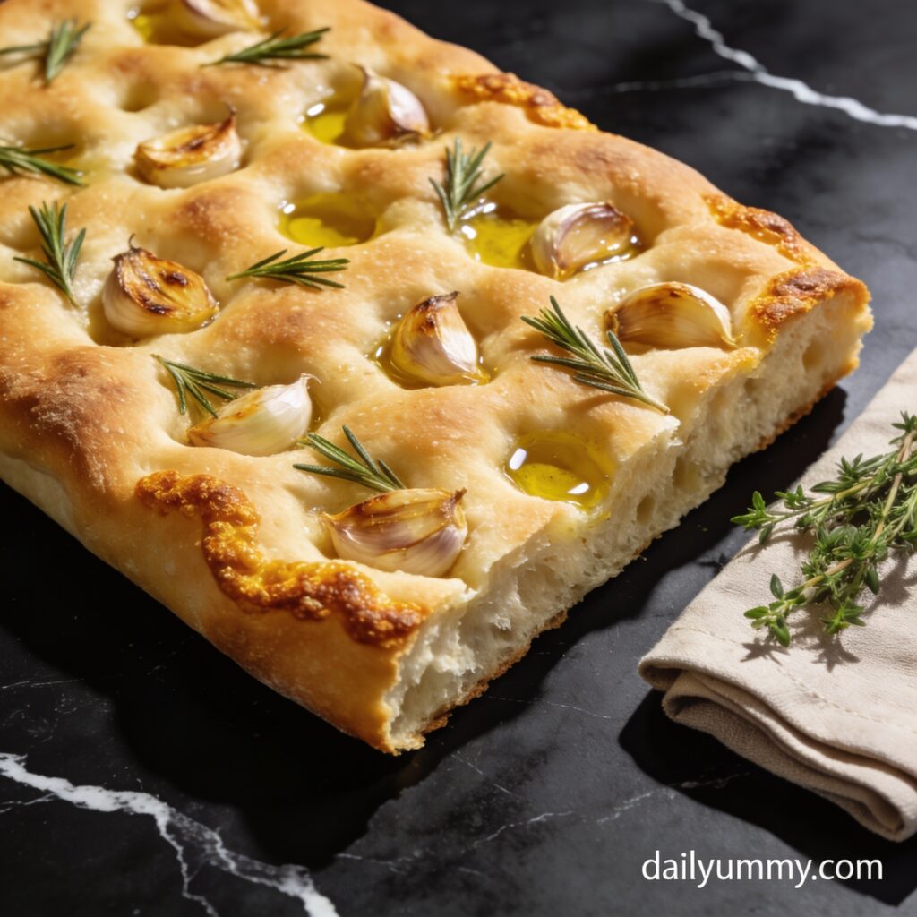 Beautifully styled hero shot of golden air fryer garlic and herb focaccia with vanilla on black marble