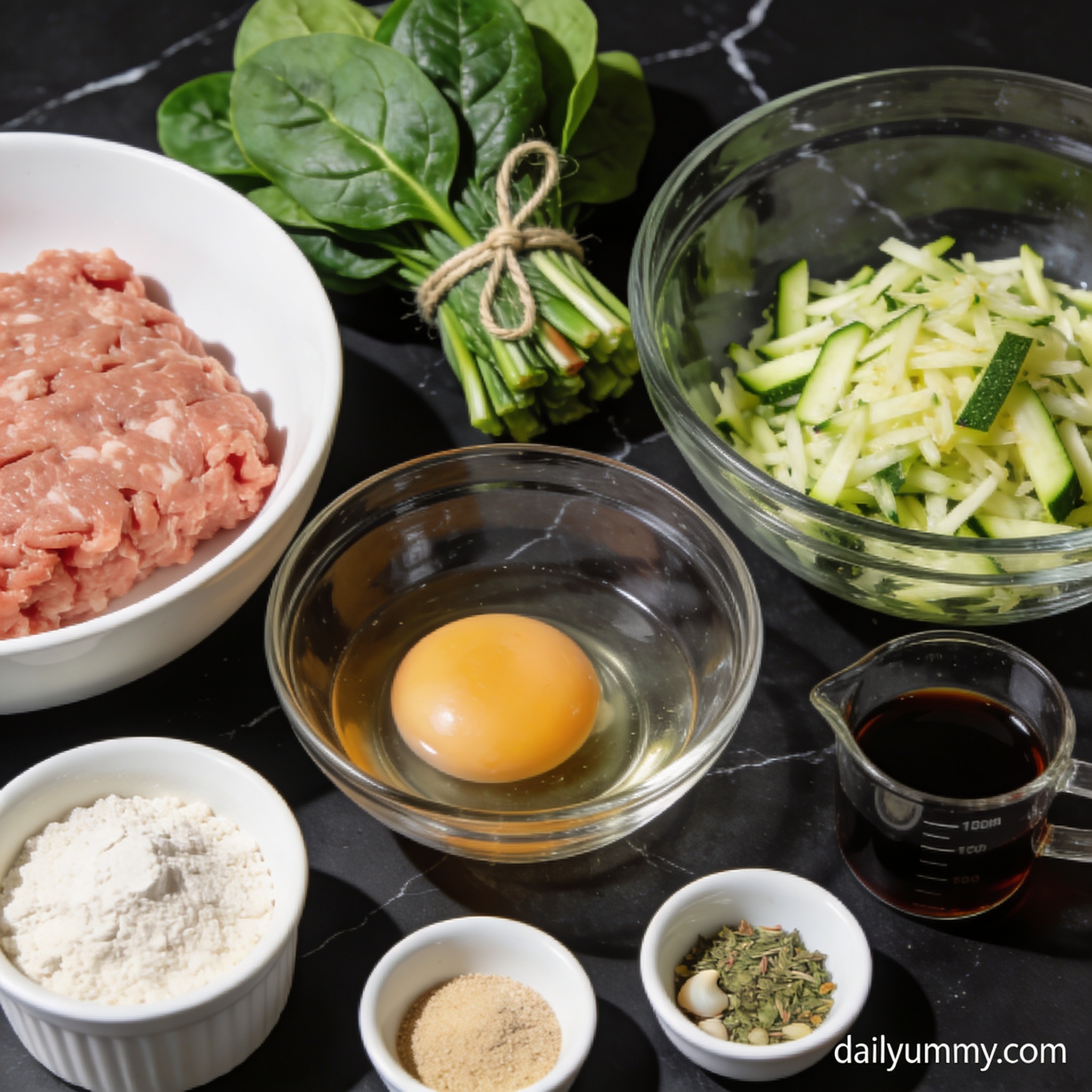 Raw ingredients for air fryer chicken meatloaf with spinach arranged in proper containers on black marble surface including ground chicken, spinach, zucchini, and almond flour