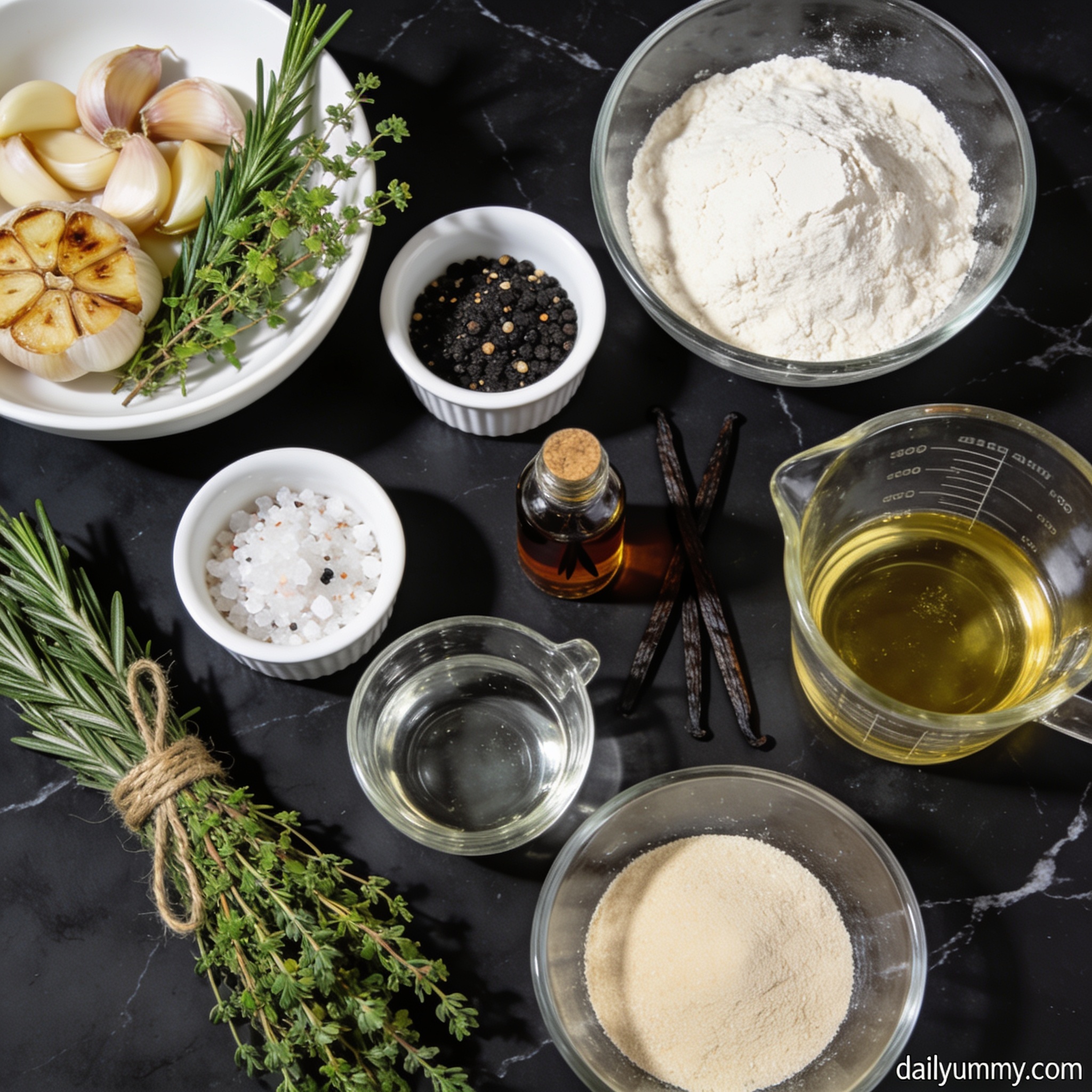 Raw ingredients for air fryer garlic and herb focaccia with vanilla arranged in white bowls, ramekins, and glass measuring cups on black marble
