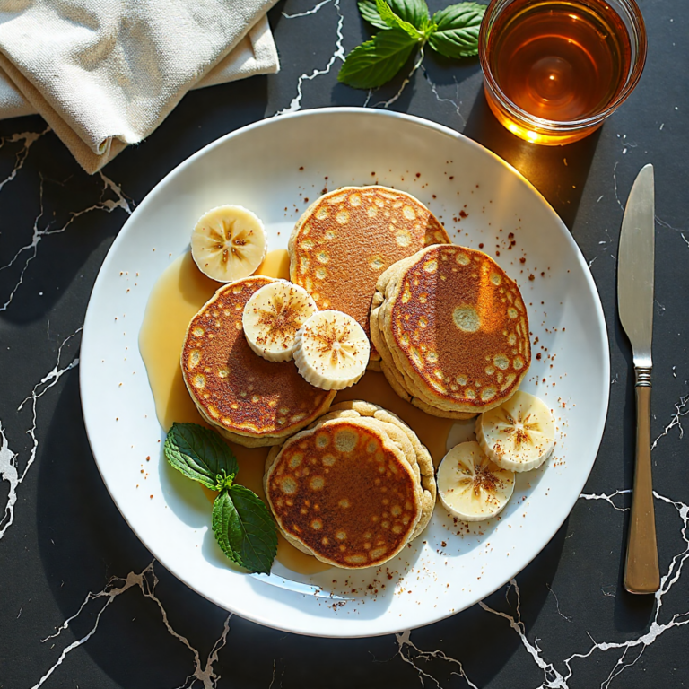 air fryer banana oat pancakes with honey hero shot — beautifully plated testgeneral recipe on black marble countertop