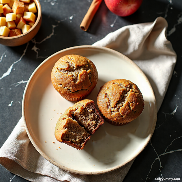 Hero shot of gluten free cinnamon apple muffins with coconut milk beautifully styled on black marble with cream ceramic plate