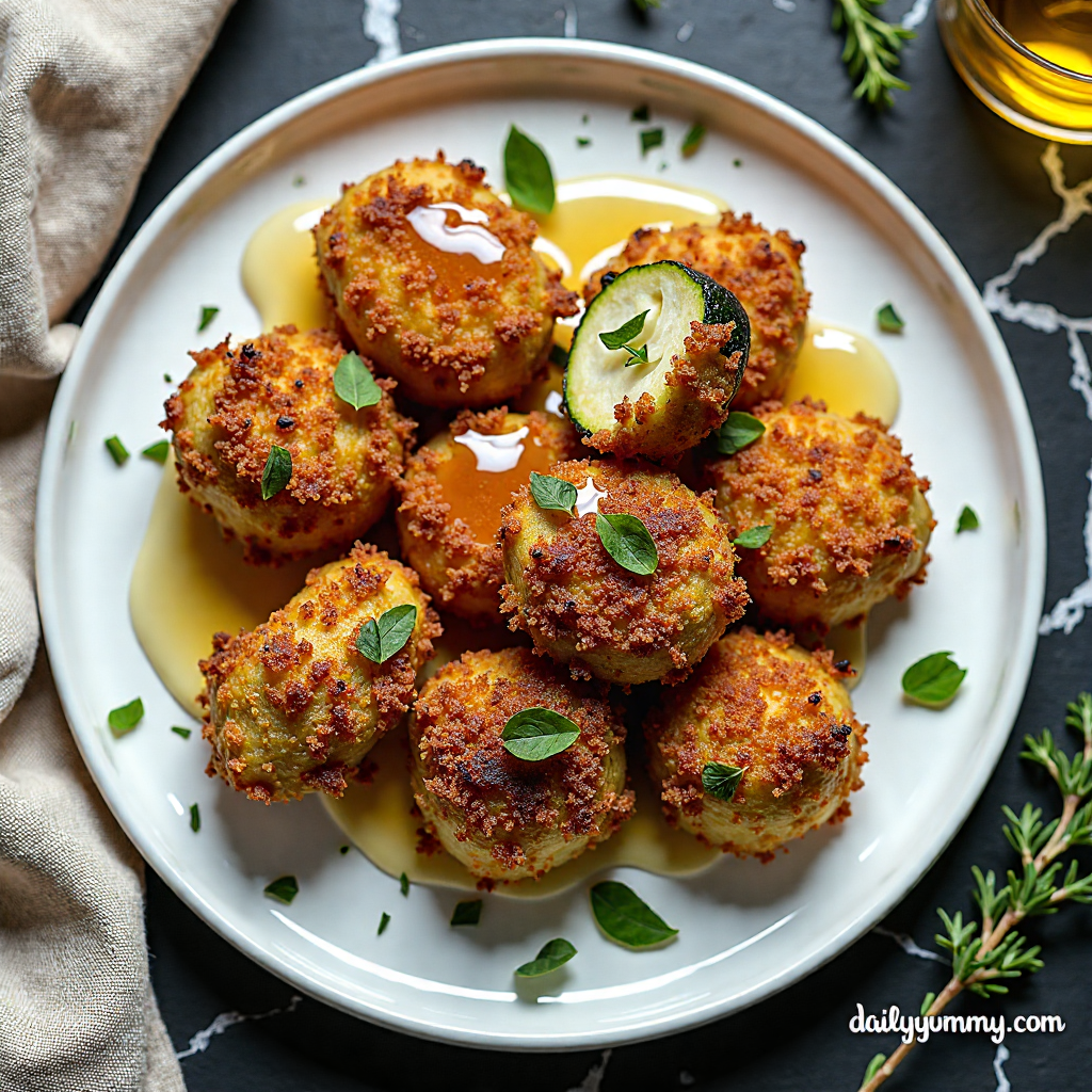 Beautifully plated air fryer crispy chicken and zucchini bites with honey glaze on black marble countertop