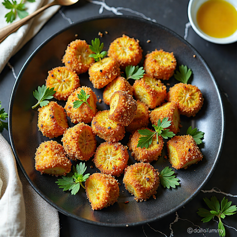 air fryer crispy chicken and zucchini bites with honey hero shot — beautifully plated testgeneral recipe on black marble countertop.