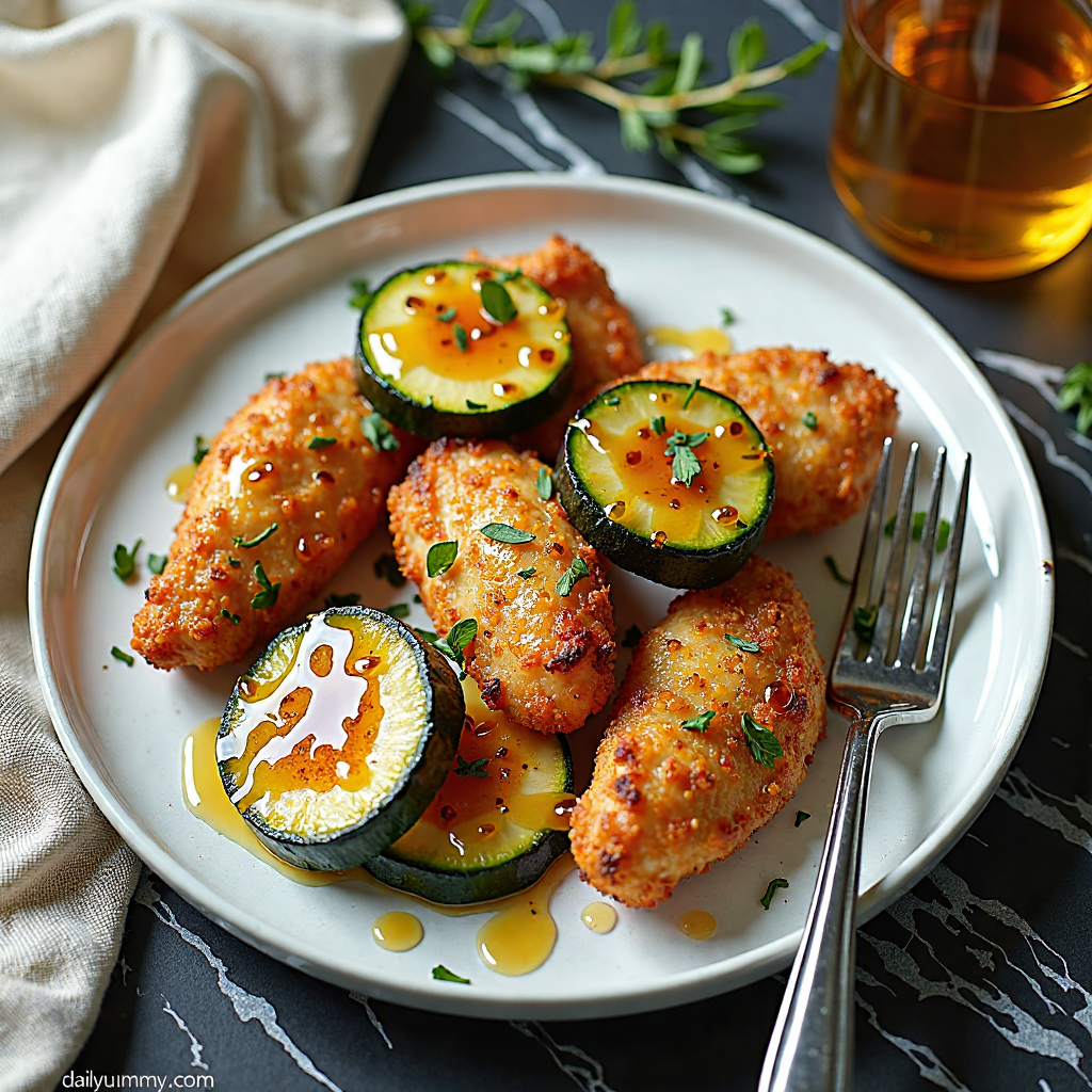 Beautifully plated air fryer crispy chicken and zucchini bites with honey on black marble countertop