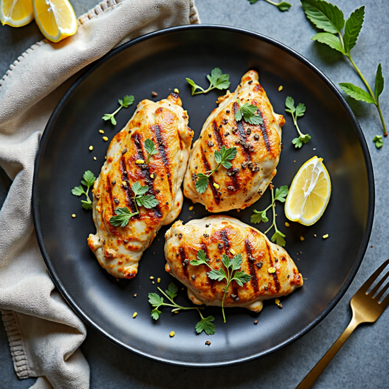 high protein grilled chicken breast with lemon zest hero shot on dark slate