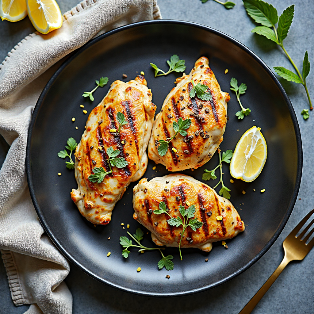 high protein grilled chicken breast with lemon zest hero shot on dark slate