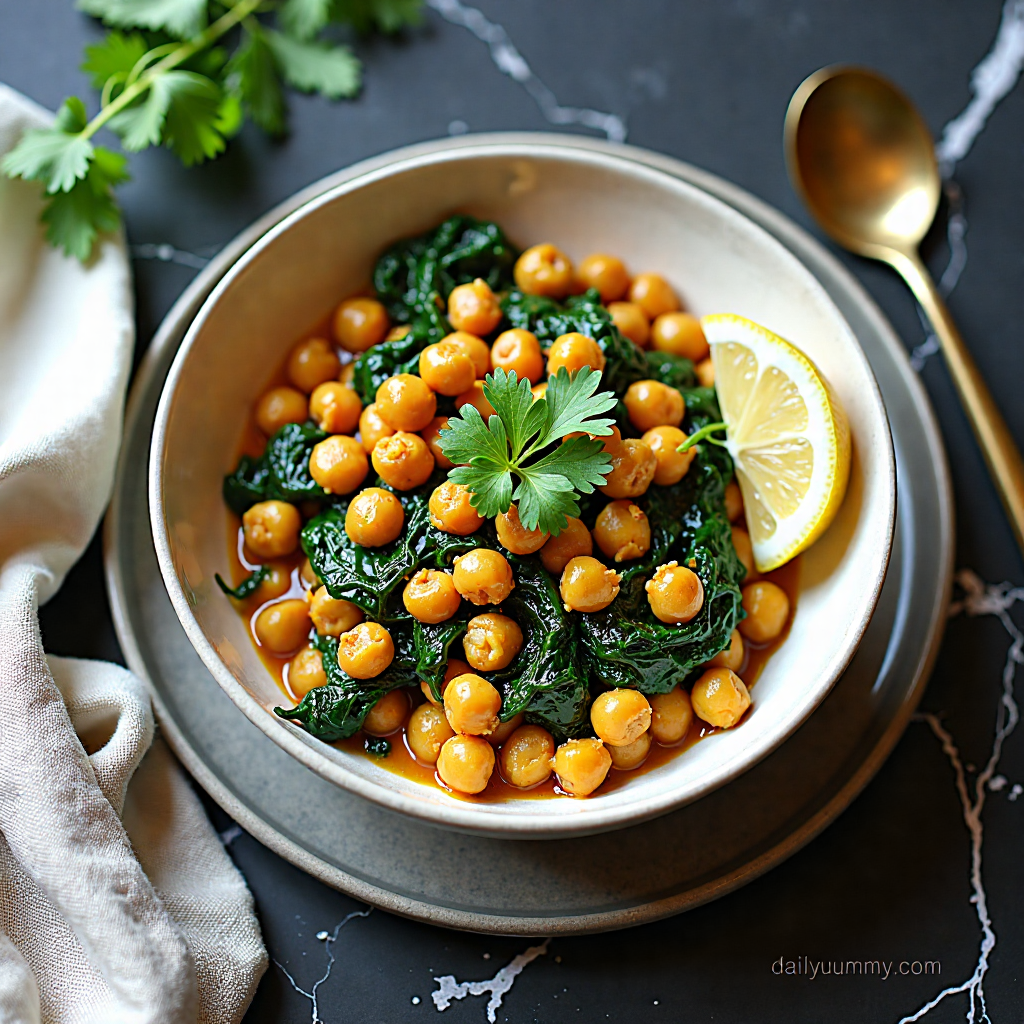 high protein chickpea and spinach curry with almond flour hero shot — creamy chickpea curry in a cream bowl on black marble