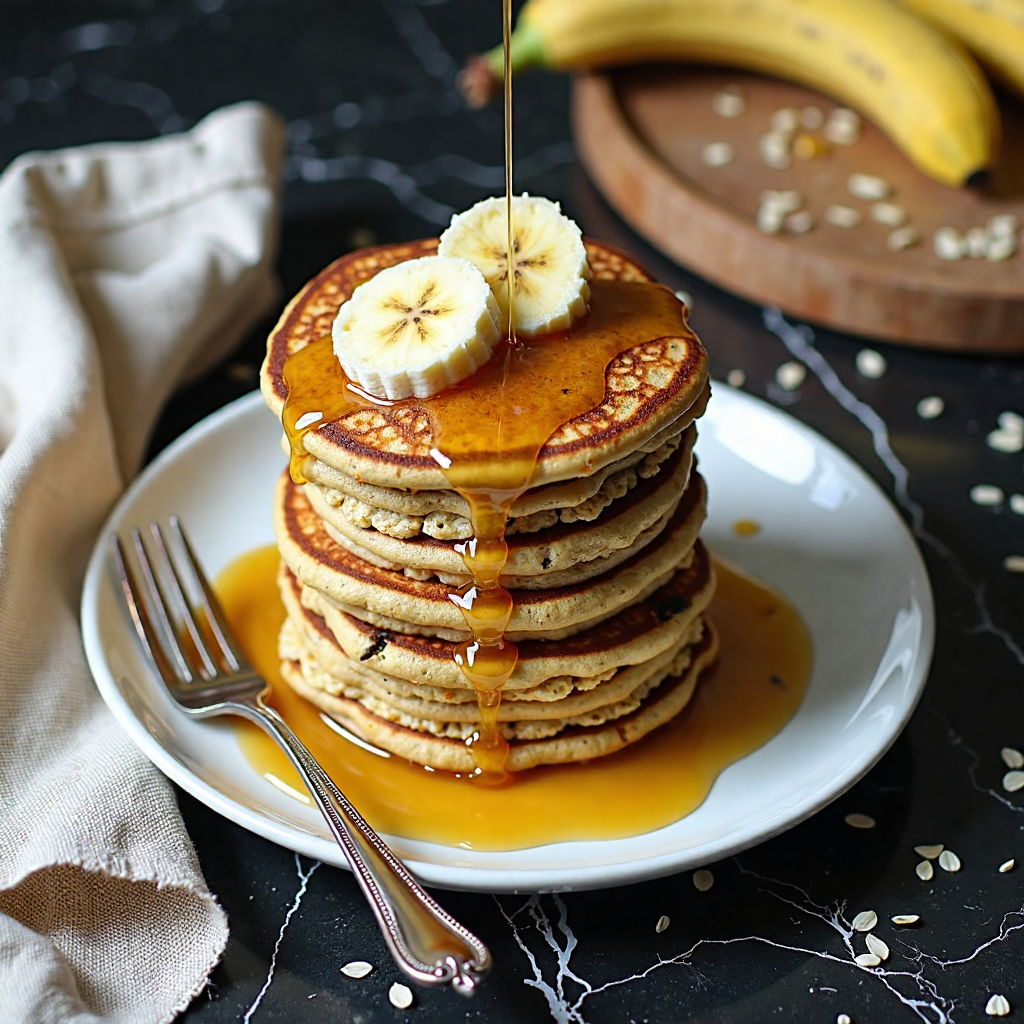 air fryer banana oat pancakes with honey hero shot — golden stack drizzled with honey on black marble countertop