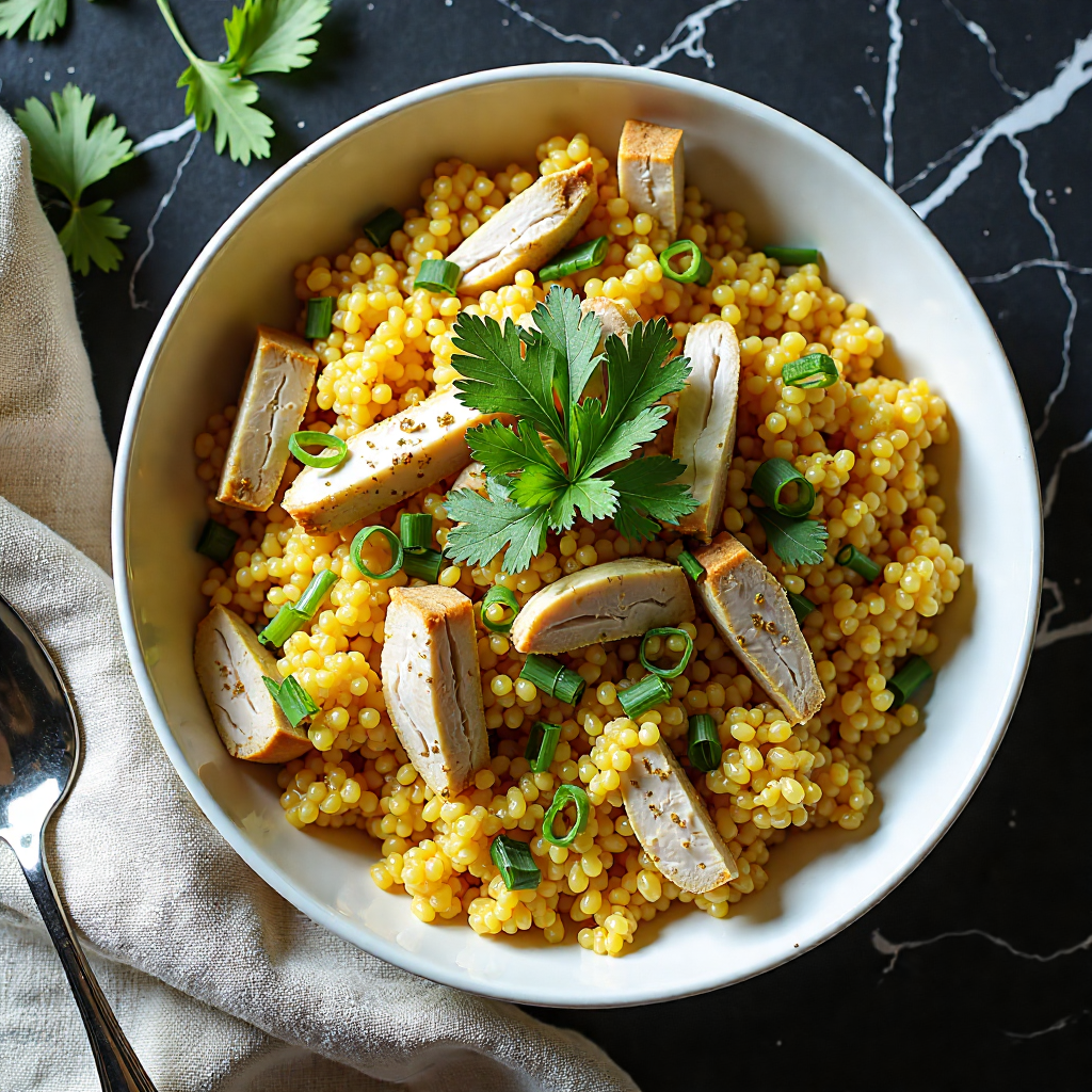 Beautifully plated high protein chicken and rice casserole with coconut milk on black marble countertop, steam rising, creamy golden texture