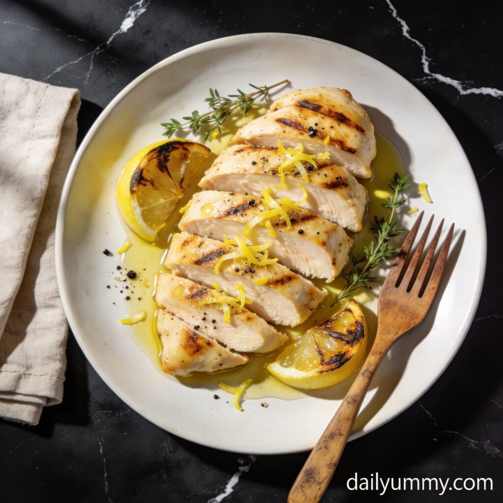 Perfectly grilled high protein chicken breast with lemon zest, sliced and plated on black marble countertop