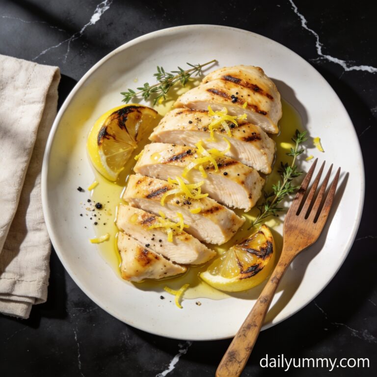 Perfectly grilled high protein chicken breast with lemon zest, sliced and plated on black marble countertop