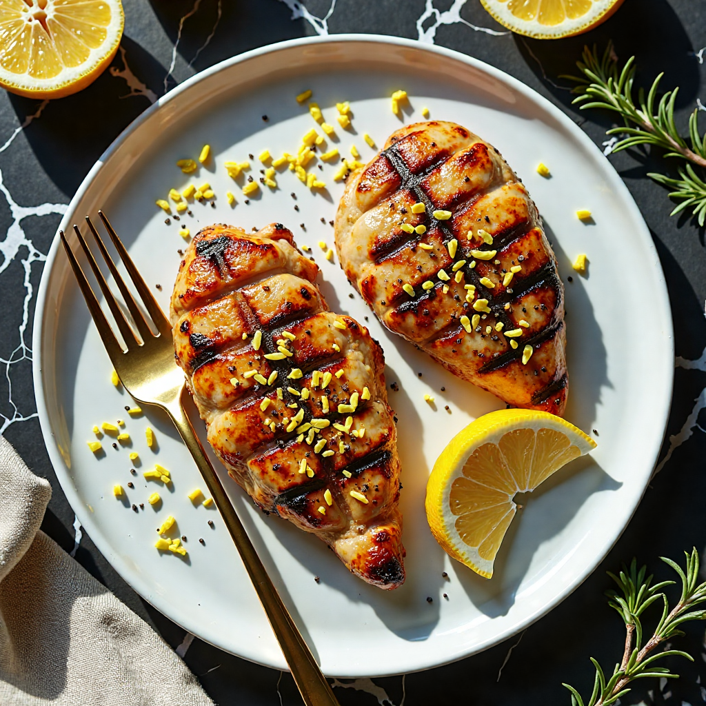Beautifully plated high protein grilled chicken breast with lemon zest on black marble countertop, juicy sliced interior visible