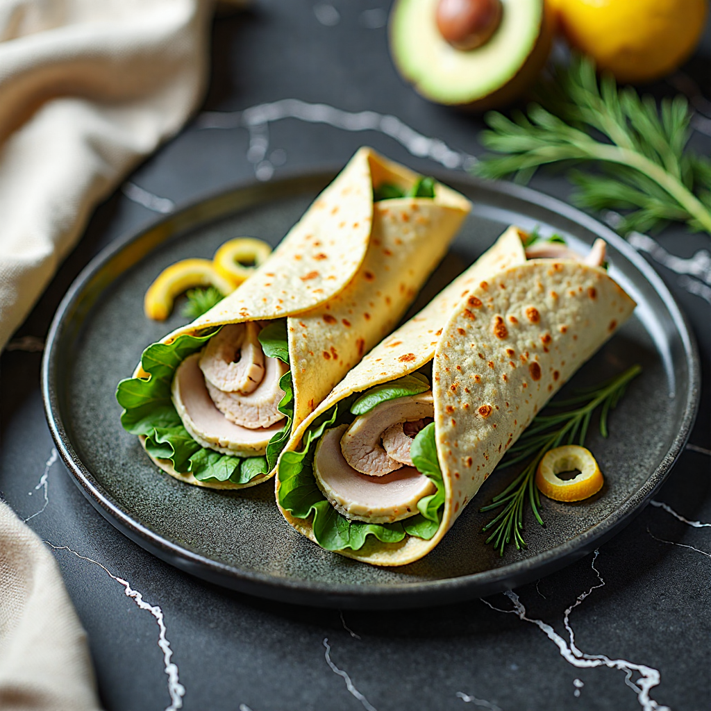 gluten free turkey and avocado wraps with lemon zest hero shot — beautifully plated testgeneral recipe on black marble countertop