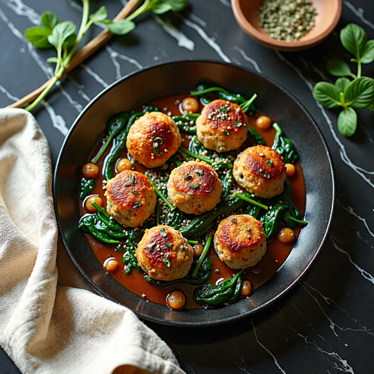 gluten free chicken and mushroom meatballs with spinach hero shot — beautifully plated and ready to impress.