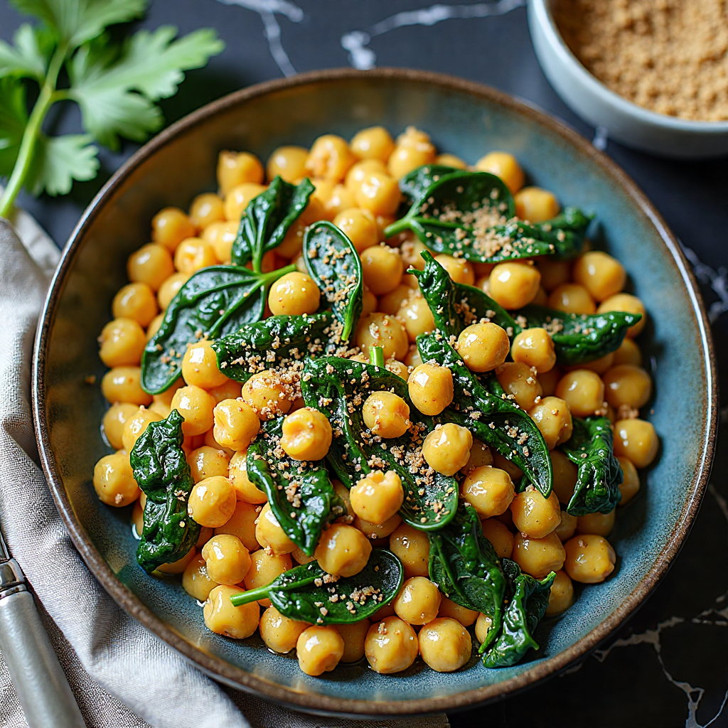 high protein chickpea and spinach curry with almond flour hero shot — beautifully plated testgeneral recipe on black marble countertop