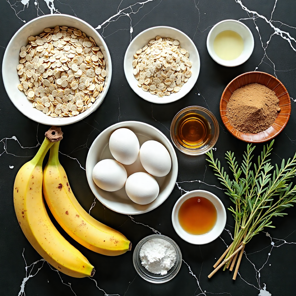 All ingredients for air fryer banana oat pancakes with honey arranged in proper containers on black marble