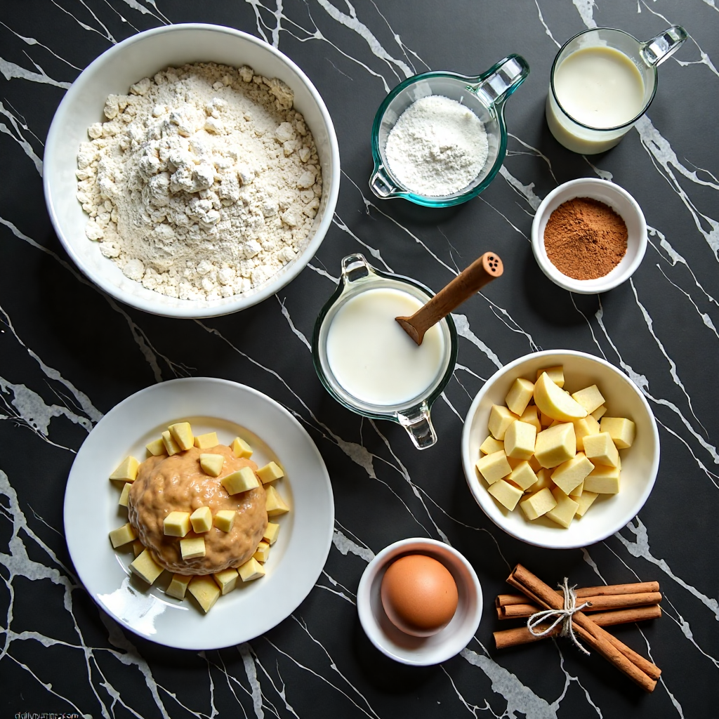 Ingredient flat lay for gluten free cinnamon apple muffins with coconut milk neatly arranged in proper containers on black marble