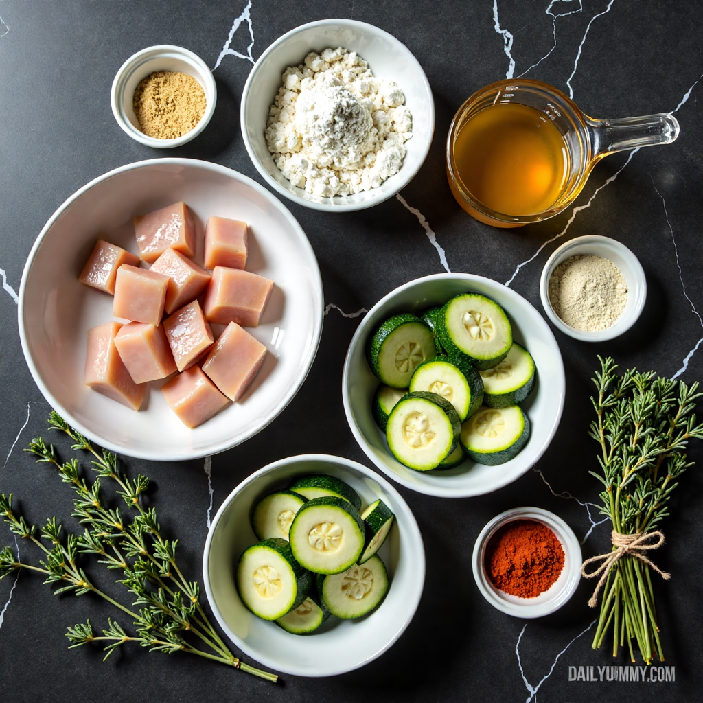 Raw ingredients for air fryer crispy chicken and zucchini bites with honey arranged in white bowls and ceramic ramekins on black marble