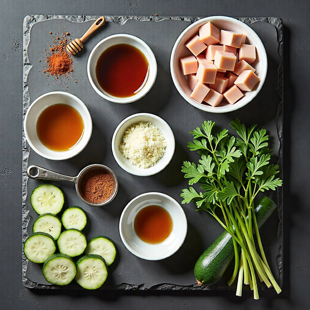 All ingredients for air fryer crispy chicken and zucchini bites with honey arranged in proper containers on dark slate.