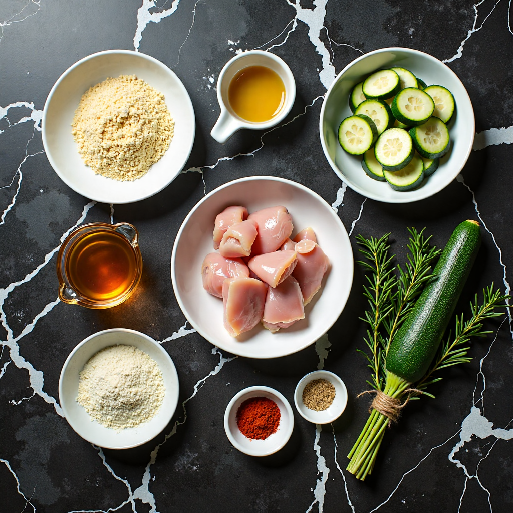 Raw ingredients for air fryer crispy chicken and zucchini bites with honey arranged in proper containers on black marble countertop