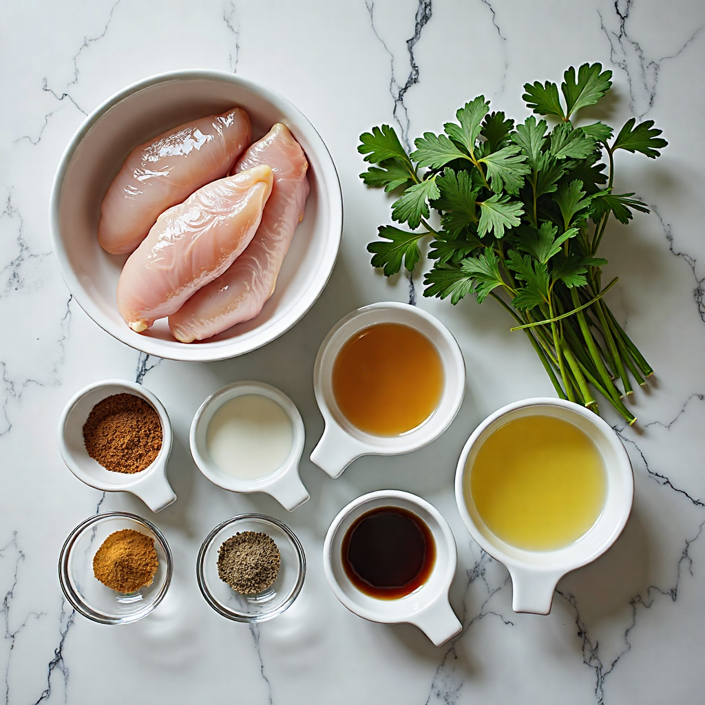 All ingredients for high protein grilled chicken breast with lemon zest arranged in proper containers on white marble