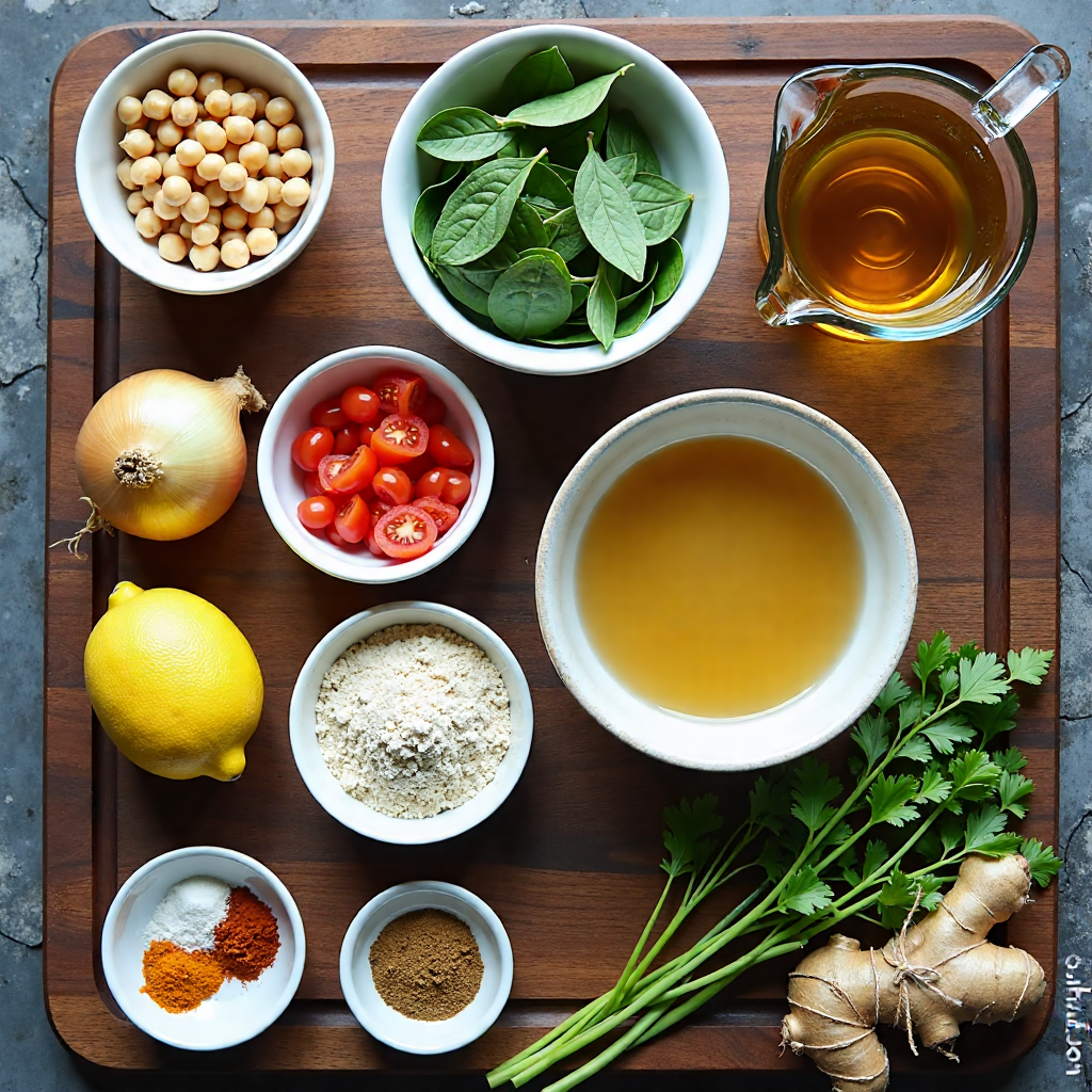 Ingredient flat lay for high protein chickpea and spinach curry with almond flour — chickpeas, spinach, spices, and almond flour in proper containers on dark walnut board