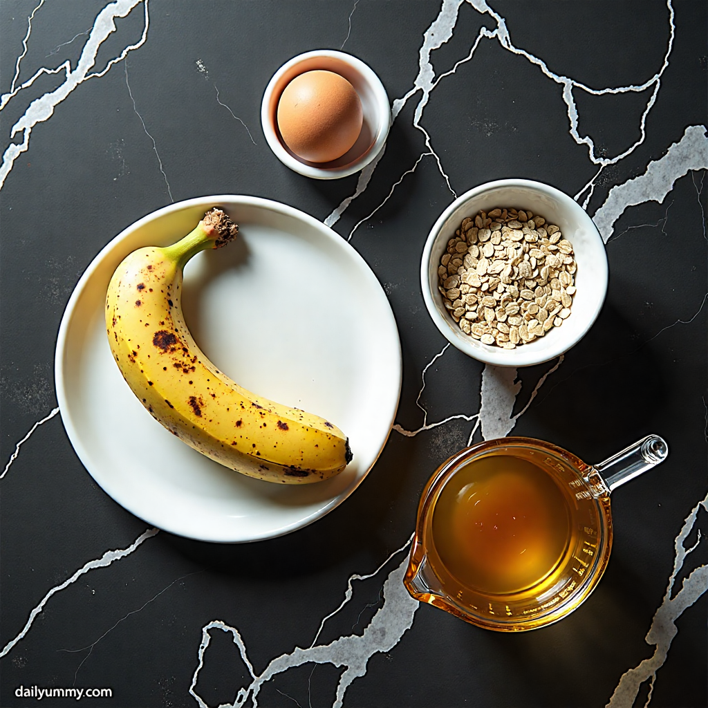 air fryer banana oat pancakes with honey ingredients flat lay — ripe banana, oats, egg, and honey arranged in proper containers on black marble