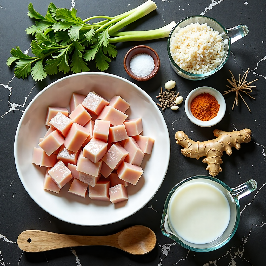 Top-down flat lay of raw ingredients for high protein chicken and rice casserole with coconut milk including chicken breast, jasmine rice, and coconut milk in proper containers on black marble