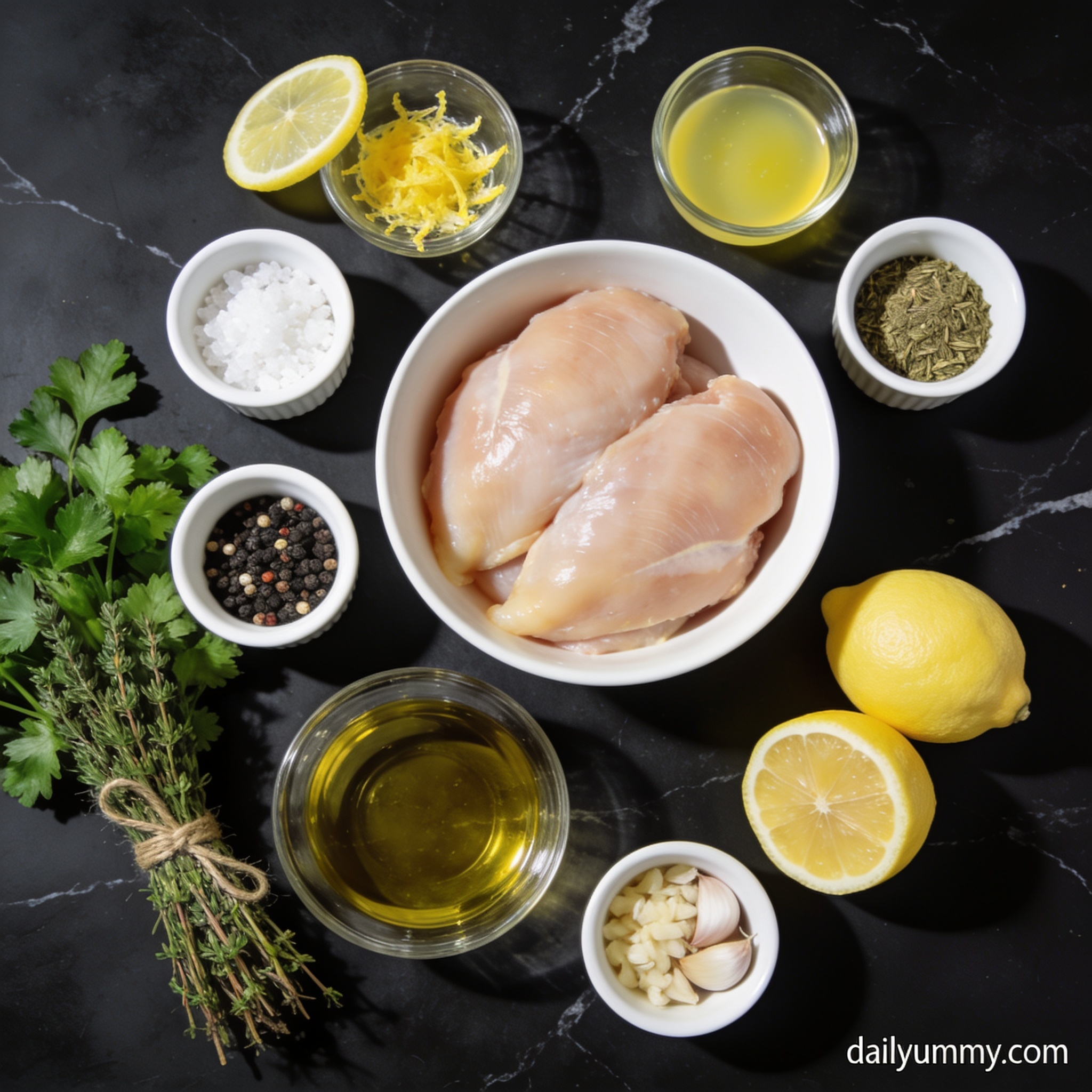 Raw ingredients for high protein grilled chicken breast with lemon zest arranged in white bowls and ceramic ramekins on black marble