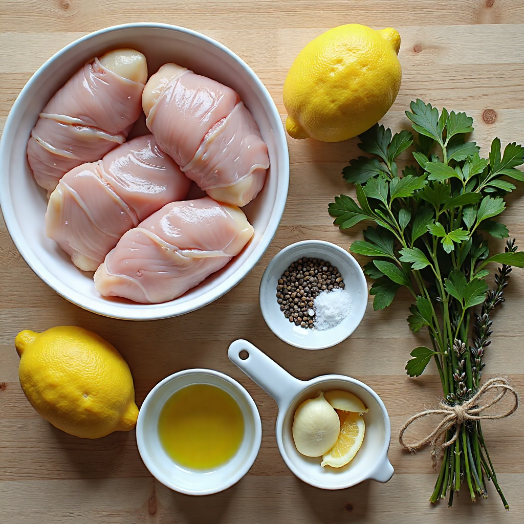 Raw ingredients for high protein grilled chicken breast with lemon zest arranged in ceramic and glass containers on a light oak surface