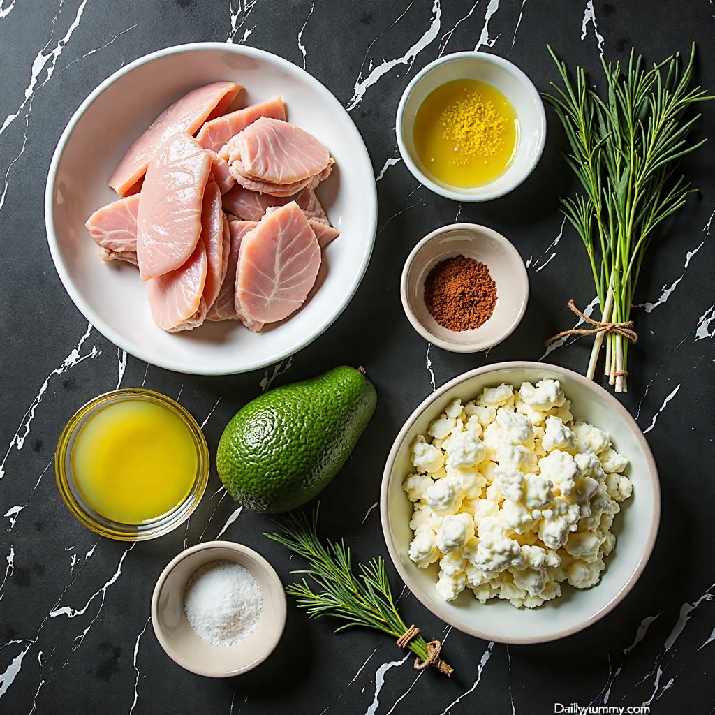 All ingredients for gluten free turkey and avocado wraps with lemon zest arranged in proper containers on black marble