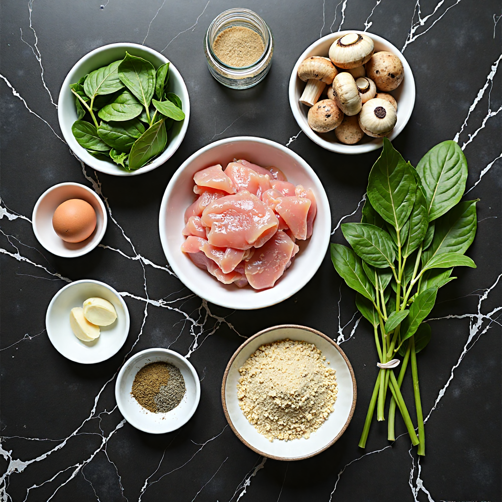 All ingredients for gluten free chicken and mushroom meatballs with spinach arranged in proper containers on a black marble surface.