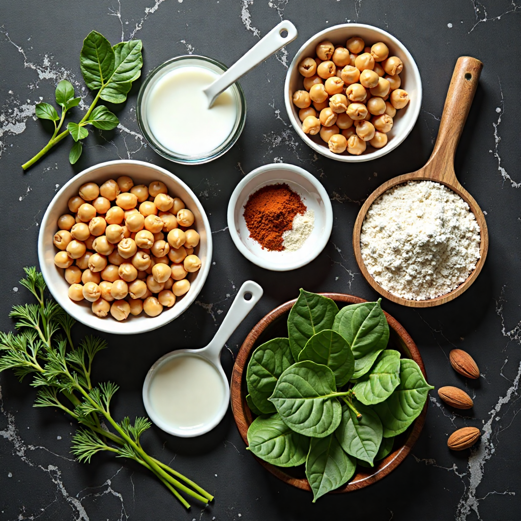 All ingredients for high protein chickpea and spinach curry with almond flour arranged in proper containers on black marble