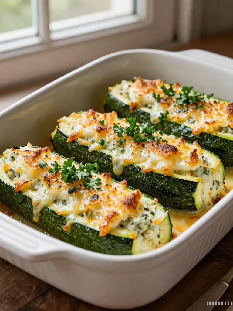 Creamy Chicken Alfredo Stuffed Zucchini Boats