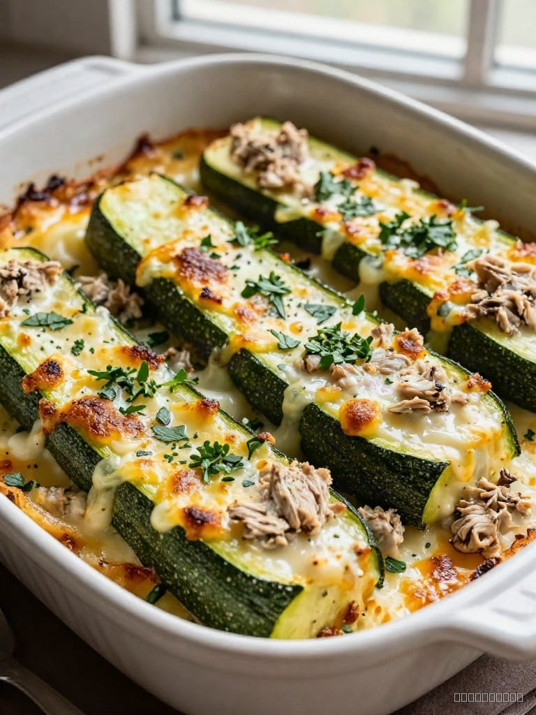 Creamy Chicken Alfredo Stuffed Zucchini Boats